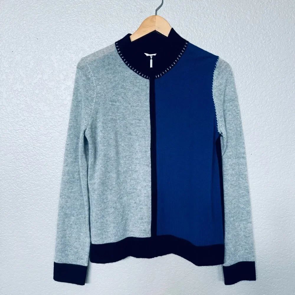 Peck & Peck Cashmere Blue Black Gray Color Block Cardigan Zip Sweater S